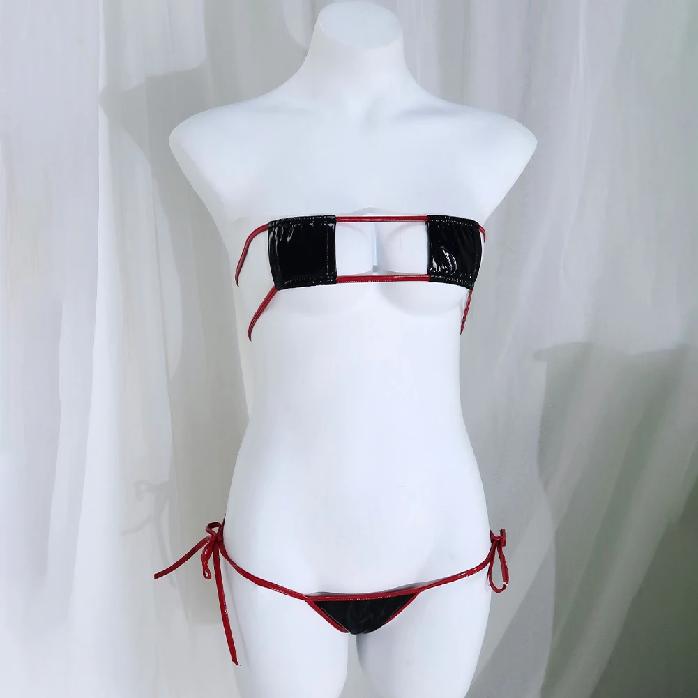 

Womens Low Waist Bikini Set Lingerie PU Leather Square Hollow Brazilian Swimsuit Swimwear Lace-Up Halter Neck Sexy Bathing Suit