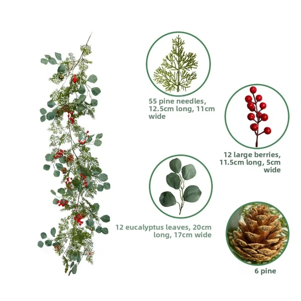 175cm Festive Garland Composed of Silk Pine Needles Red Berries Eucalyptus Branches and Pinecones for Indoor Seasonal Decoration