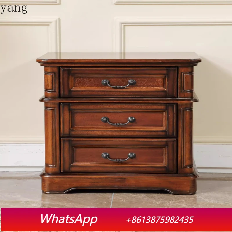 

LH retro solid wood bedside table full log bedroom bedside storage three drawers