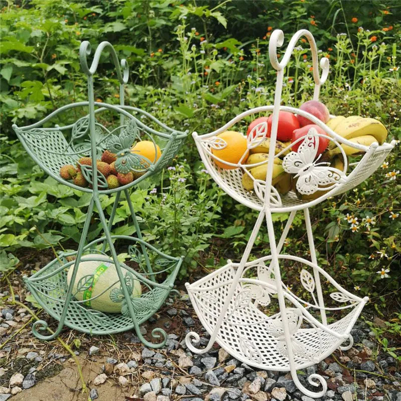 Vintage 2 Layer Butterfly Flower Stand Creative Half Round Handheld Basket for Fruits Rustic Metal Shelf Farmhouse Storage Rack