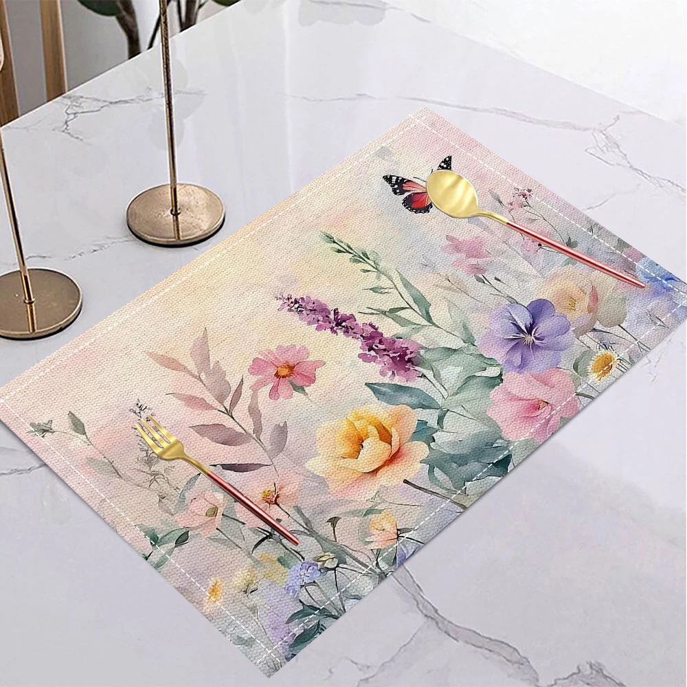Watercolor flower Linen Placemats Rectangular Printed Insulation Mats Home Kitchen Dining Room Decorative Table Mats