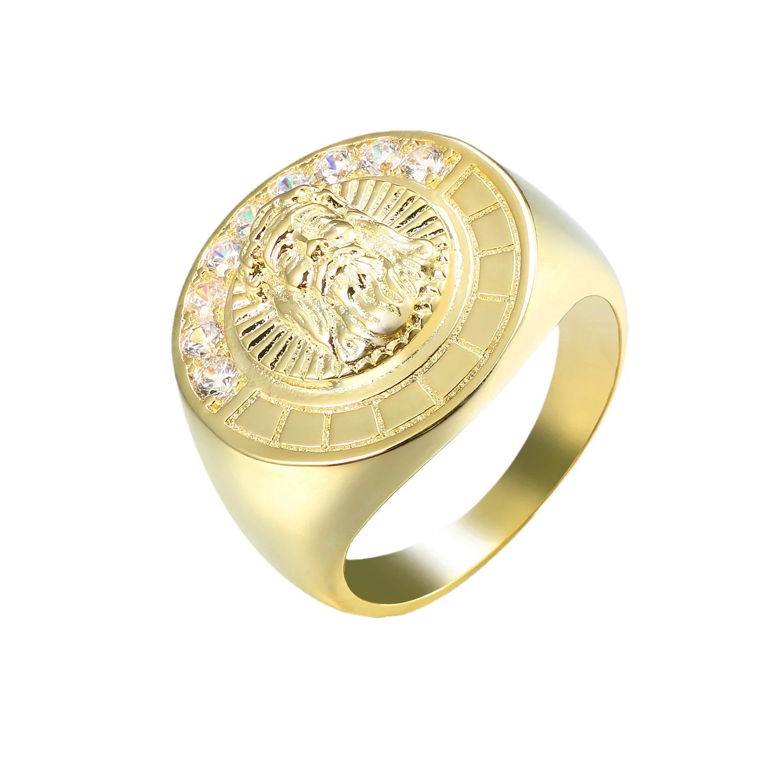 Round Brand Portrait Ring Gold Plated with Icy Zirconia Cubics  Hip Hop Inspired Ice Out Glamour for Everyday Wear jewelry rings