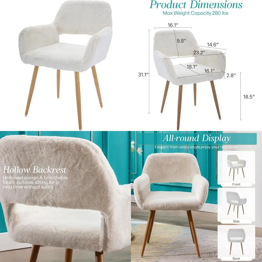

Elegant Faux Fur Office Chair, Plush Vanity Seat, Cozy Wood & Metal Leg Armchair, Chic White Dining Chair with Open Back
