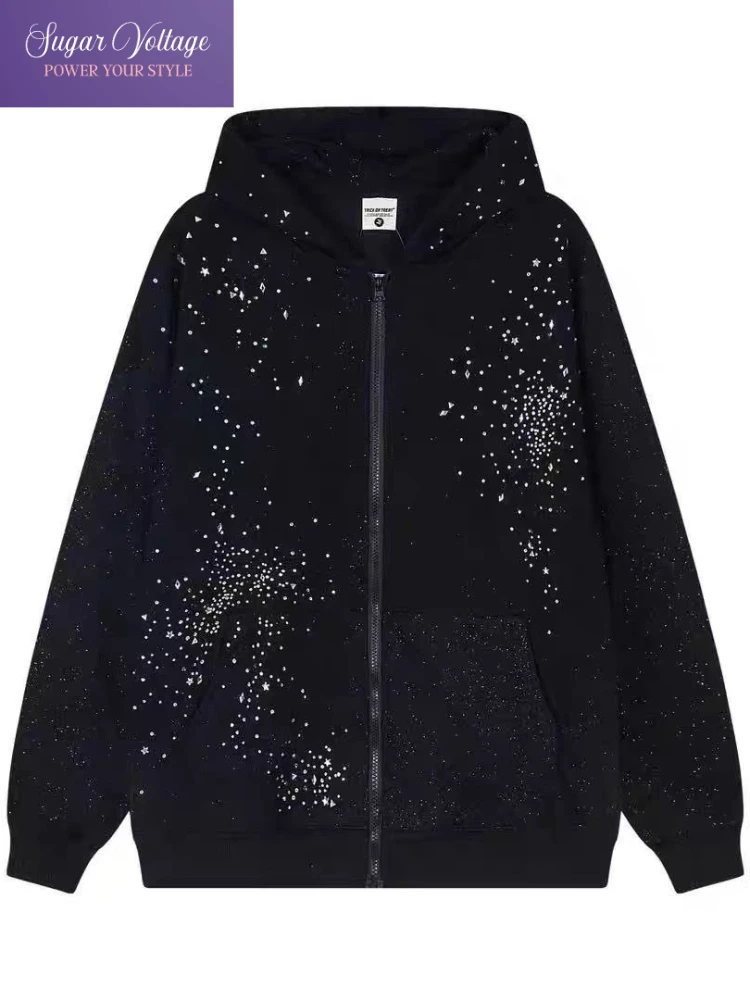 

Casual Y2K Vintage Streetwear 2000s Oversized Winter Coat Hot Drilling Zip Up Hoodie Jacket Retro Warm Outerwear Women Girls