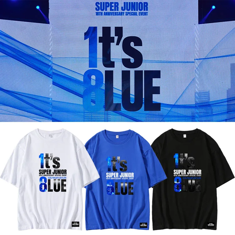 

Super Junior 8th Anniversary Blue Loose Cotton ort Sve T-irt Support Summer Clothing Comfortable Breathable Casual Top