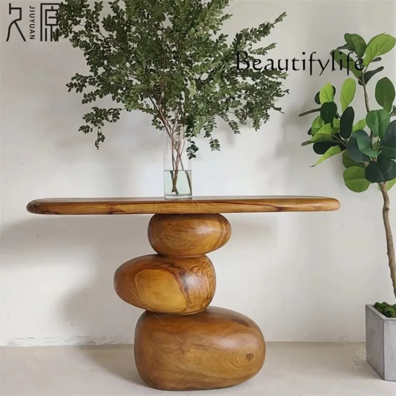 X36 Art Wabi Silent Wind Pebble Entrance Table Solid Wood Entrance Wall View Table