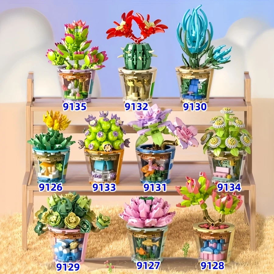 1 pz Mini fiori pianta blocchi di costruzione in vaso, blocchi di costruzione di piante succulente, assemblaggio di blocchi di costruzione,