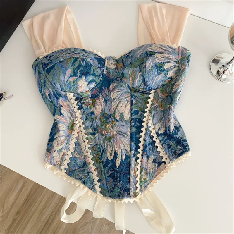 French Vintage Lace Patchwork Jacquard Camisole Women 2026 Summer Ribbon Straps Short Tank Vest Print Sleeveless Slim Crop Top