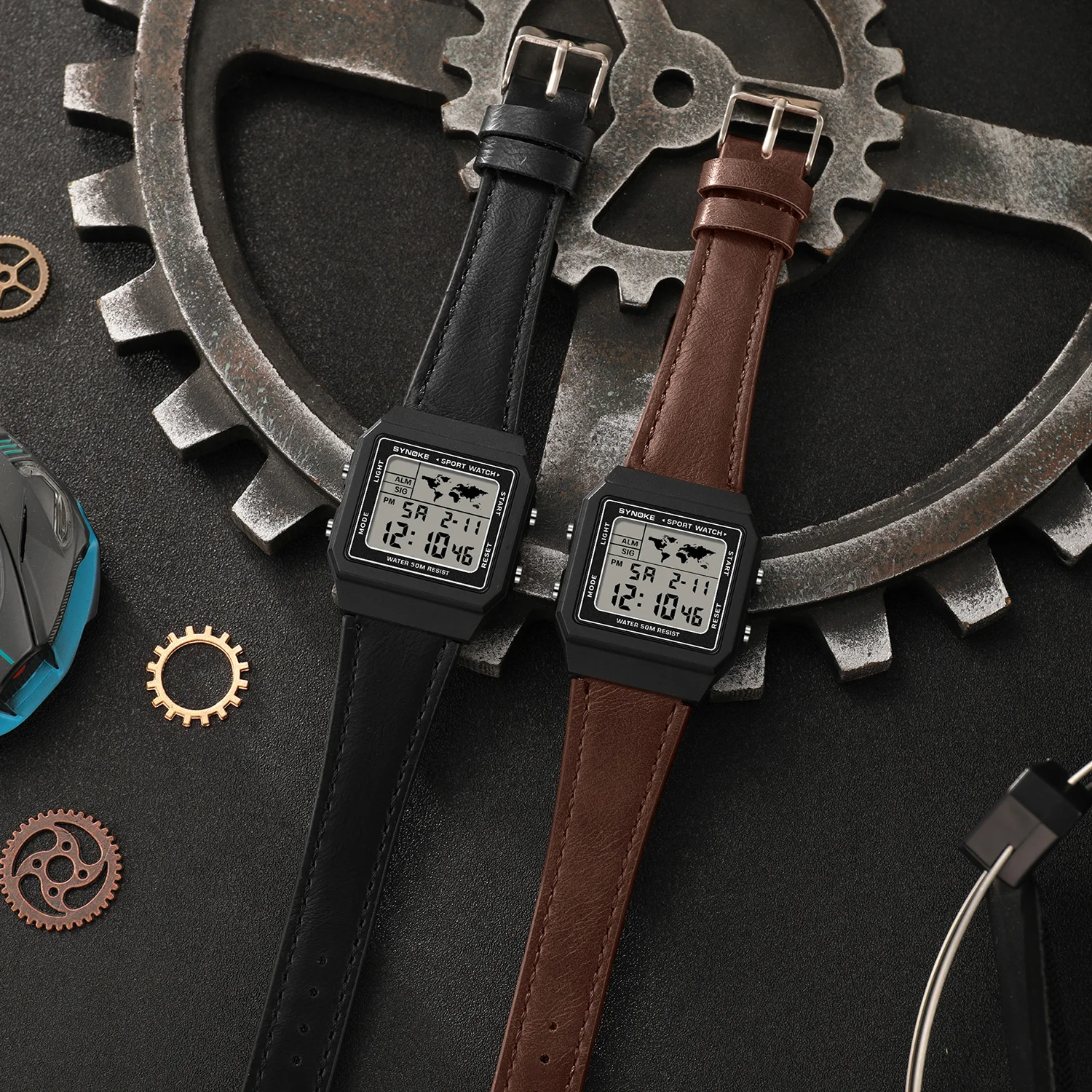 Square Large Screen Retro Men's Sports Watch, Fashion Multifunctional Outdoor Alarm Trend Electronic Watch