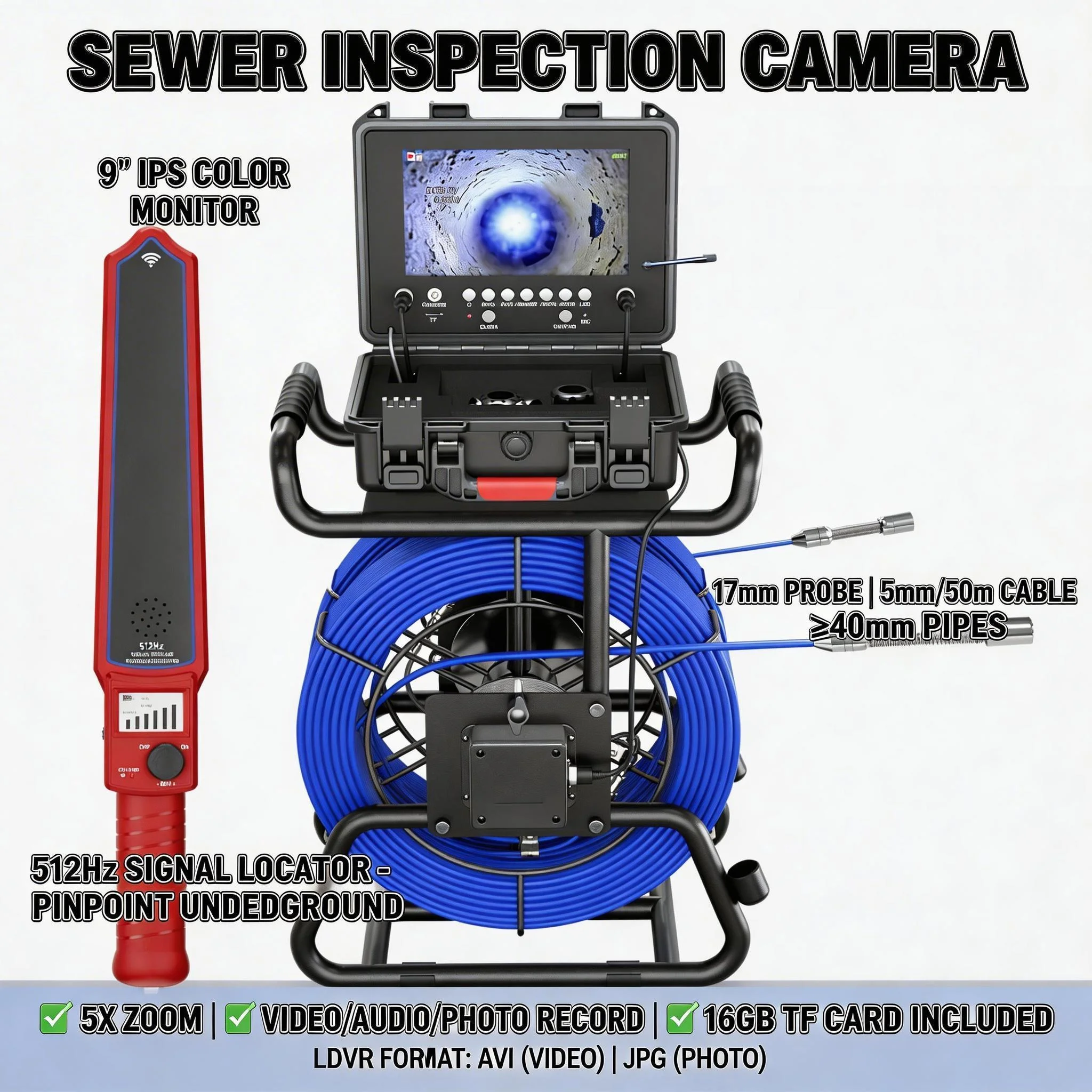 

9" IPS Dual Lens Sewer Camera 1080P DVR 512Hz Locator Self-leveling Fiberglass Cable Drain Pipe Inspection Camera 17/23mm Probe