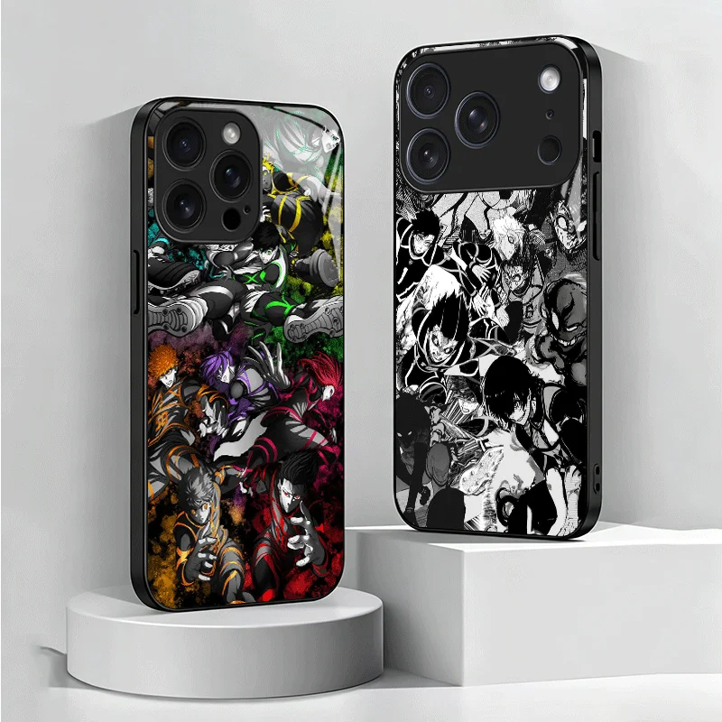 Blue L-Lock Football Anime Tempered Glass Phone Case for iPhone 13 14 15 16 17 Pro Max 17E 16E 12 11 XS 7 Plus Air Shockproof Co