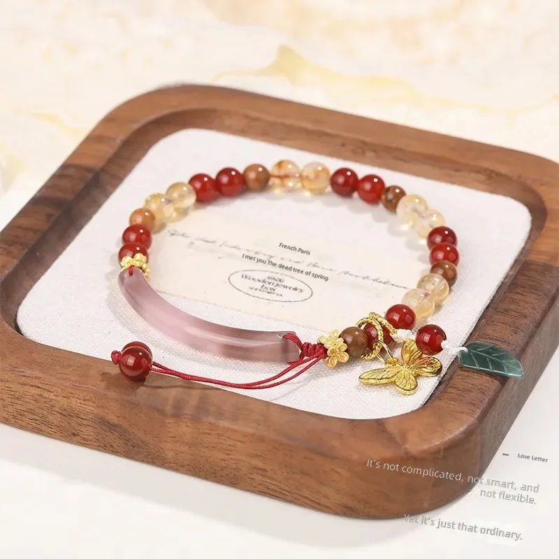 New Chinese smoke purple agate half bracelet bracelet red agate yellow tower crystal jadeite leaf butterfly pendant