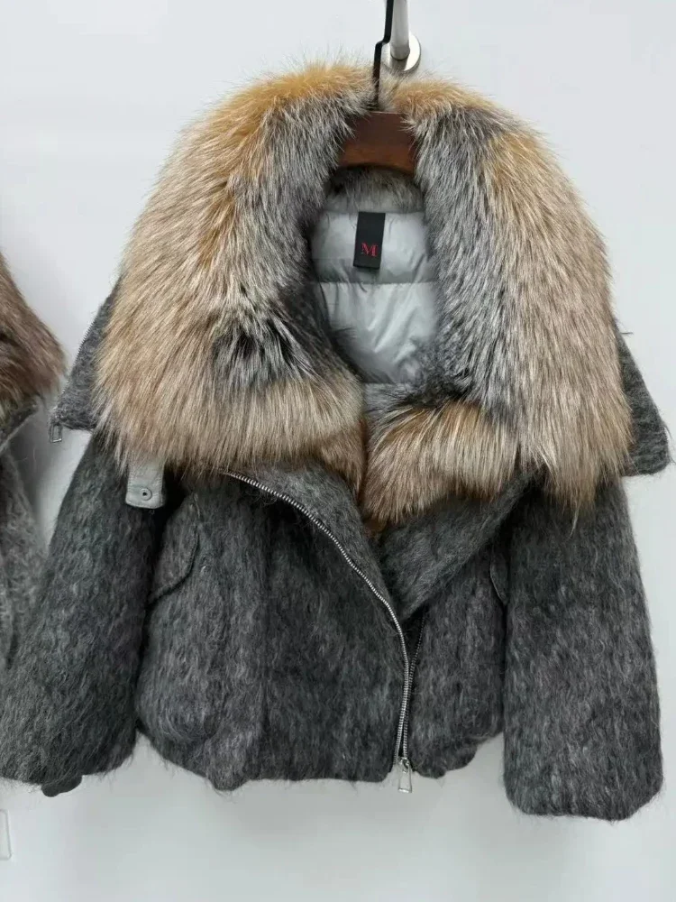 Femmes blanc doudoune d'oie hiver nouvelle mode automne grande fourrure de renard laine chaude fourrure naturelle doudoune véritable manteau de fourrure vêtements