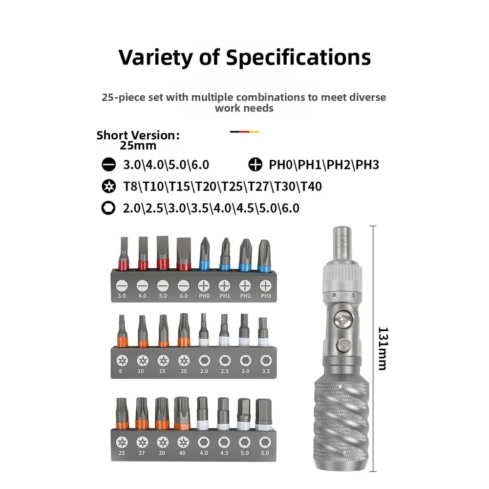 25pc Drill Bit Kit Made from Alloy Steel with For cross Flat Hex Screwdriver Bits for Routine Tool Applications