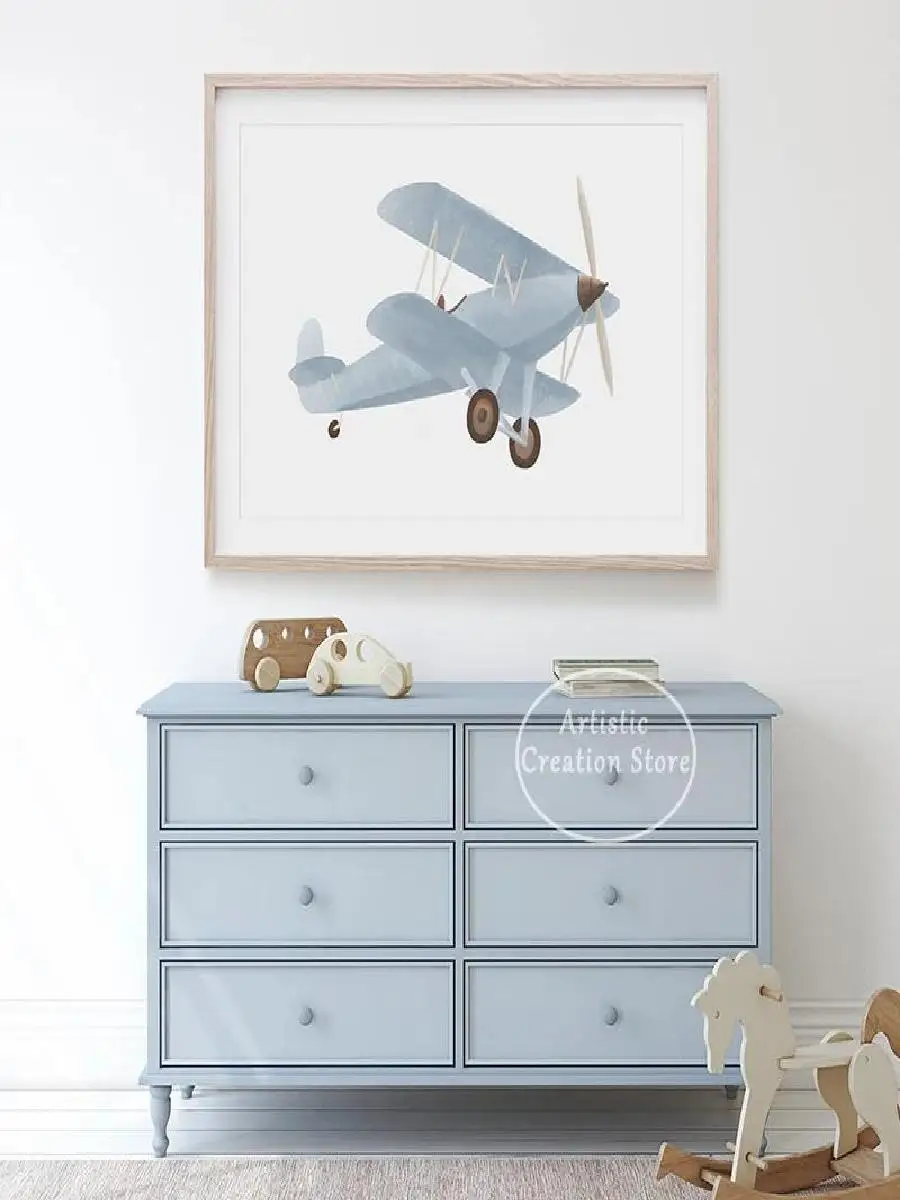 Vintage Travel Boy Nursery Wall Art  Blue Hot Air Balloon Plane Train Prints Canvas Painting  Nordic Bedroom Home Decor  Poster