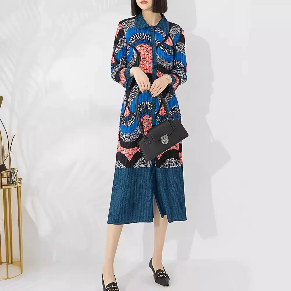 

Miyake Pleated Maix Dress Women 2024 Summer New Vintage Print Lapel Neck Loose Fat Elastic Cardigan Mid Length Dress