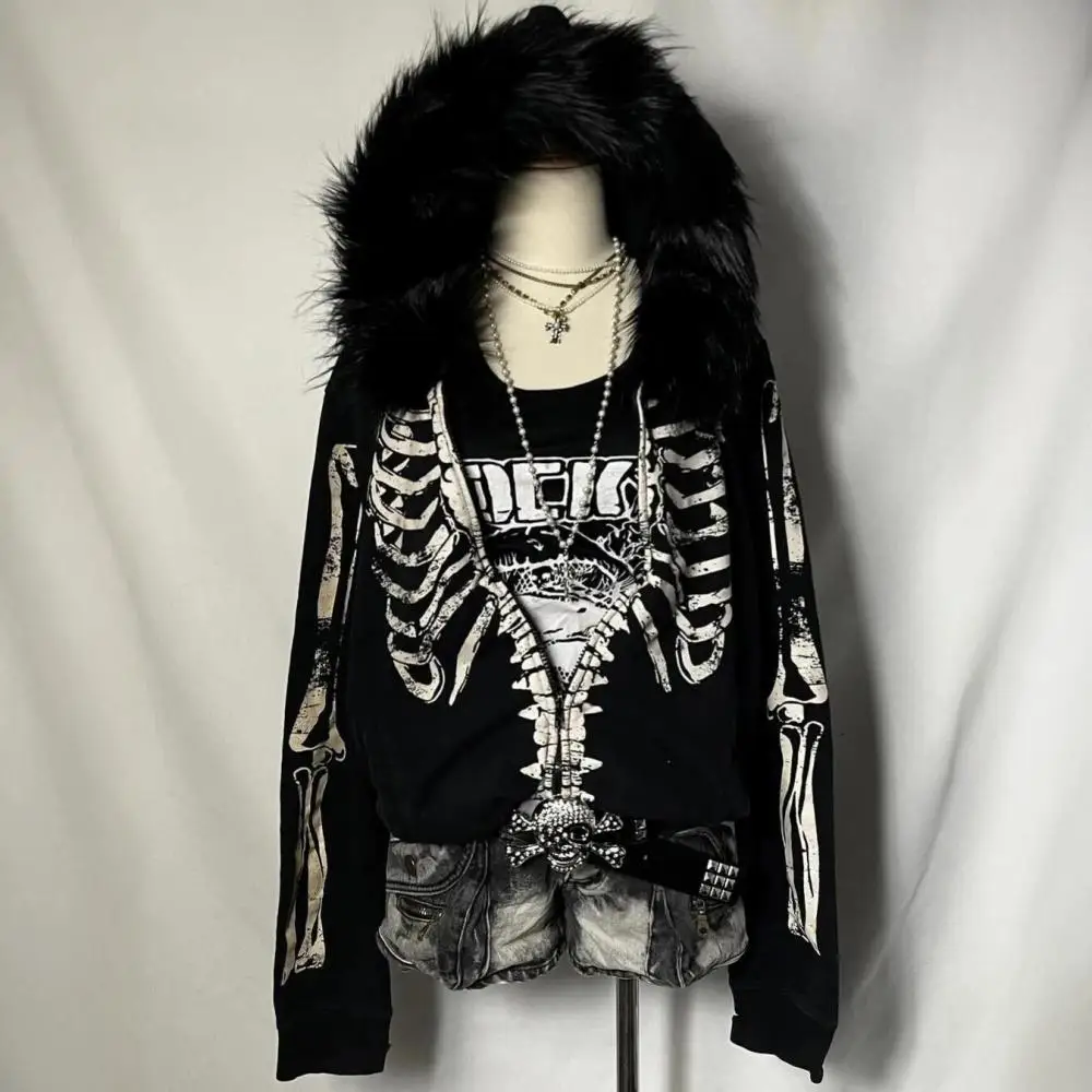 American Vintage Faux Fur Coats Y2K Women's Hooded Sweatshirts Harajuku Gothic Zip Up Jacket Autumn Winter Thick Warm Outerwear