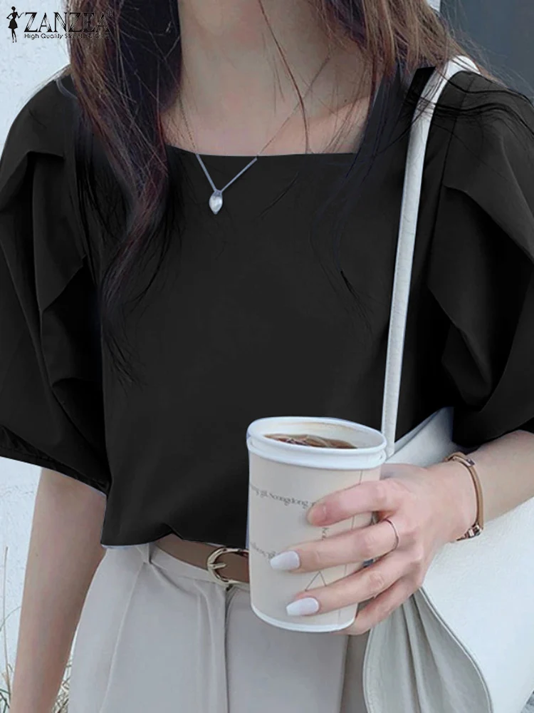

ZANZEA Summer Elegant Blusas Mujer Day Wear Solid Color Womens Short Puff Sleeve Blouses Square Neck Korean Fashion Smock Tops