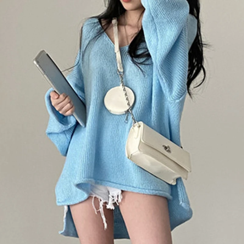 Korean Autumn New Retro Loose Sweater Sweet V-neck Rolled Edge Fashion Pullover Sweater Casual Blue Knitted Top for Women image 6