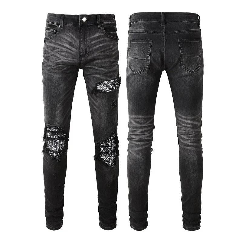 

Four Seasons Men's Vintage High Street Style Hole Jeans Pencil Pants Trendy Casual Elastic Bandanna Black Denim Trousers Male