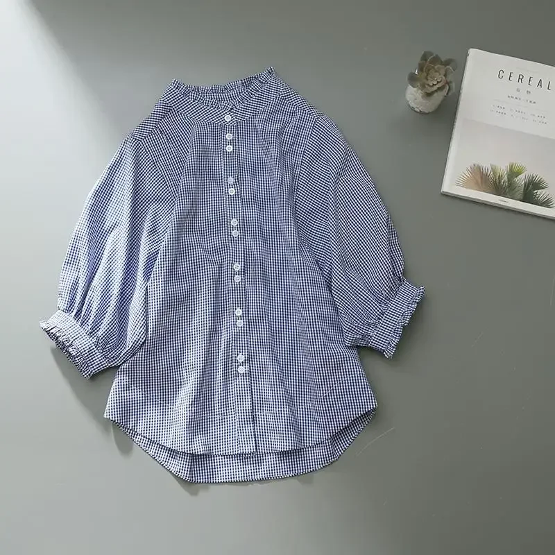 

Женская клетчатая рубашка во французском стиле, Классическая Повседневная Тонкая блузка на пуговицах, крутая винтажная рубашка, женские летние рубашки 2024