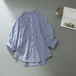 French Style Women's Plaid Shirt Regular Fit Casual Thin Button-down Shirts Cool Blouse Vintage Shirts Women Summer 2024