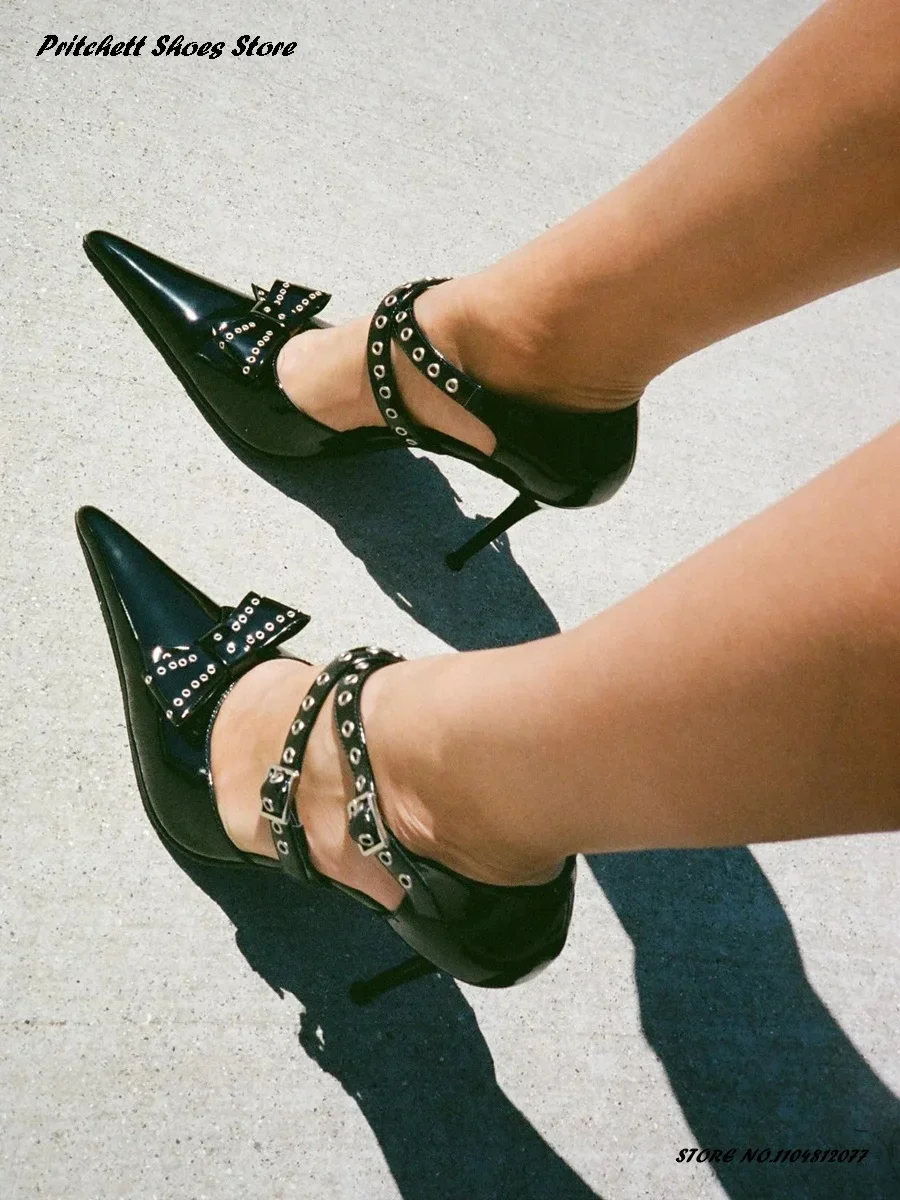 

Женские туфли-лодочки с узлом-бабочкой и острым носком, ремешок на щиколотке, черные модные модельные туфли из лакированной кожи на высоком каблуке-шпильке