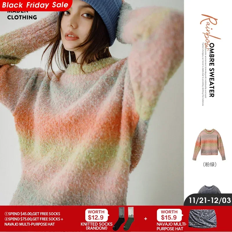 Maden Casual Gradient Rainbow Knit Sweater Round Neck Pullover for Women's Autumn and Winter Warm Versatile Innerwear