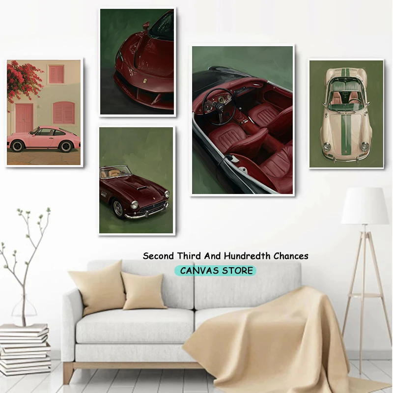 Mediterranean Vintage Cars Interior Moody Red Leather Driving Retro Automotive Poster Canvas Painting Wall Pictures Home Decor
