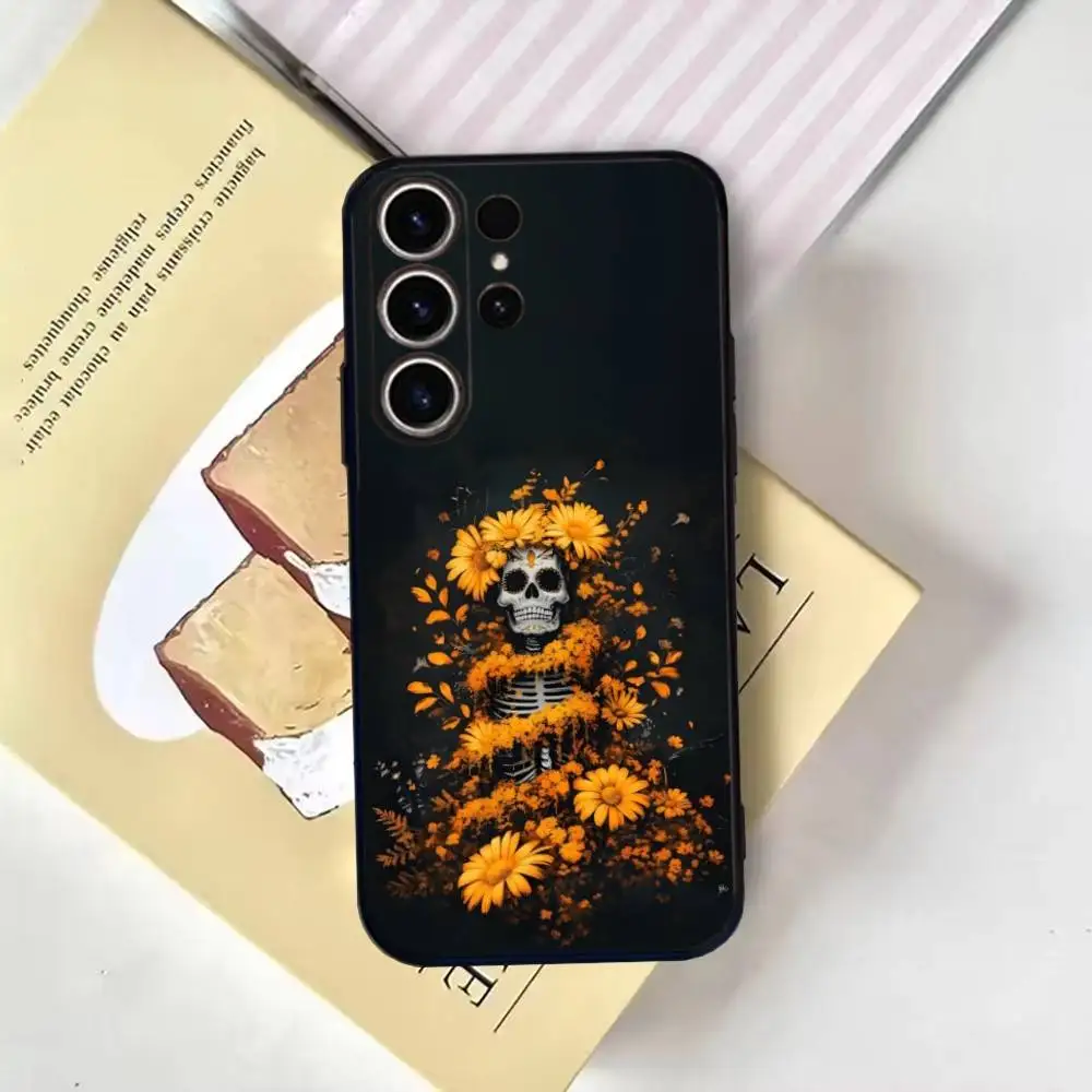 Funda de teléfono con calavera de Catrina mexicana para SamsungS25,24,21,22,23,30,Ultra,20,Plus,Fe,Lite,Note,10,9, funda negra suave