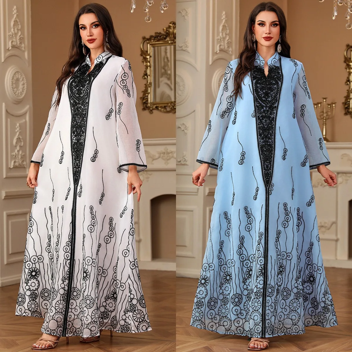 عيد مسلم فاخر المرأة رداء مطرزة التطريز رداء حفلات ريترو ستايل كم طويل فستان ماروكين السيدات فساتين عطلة 2025