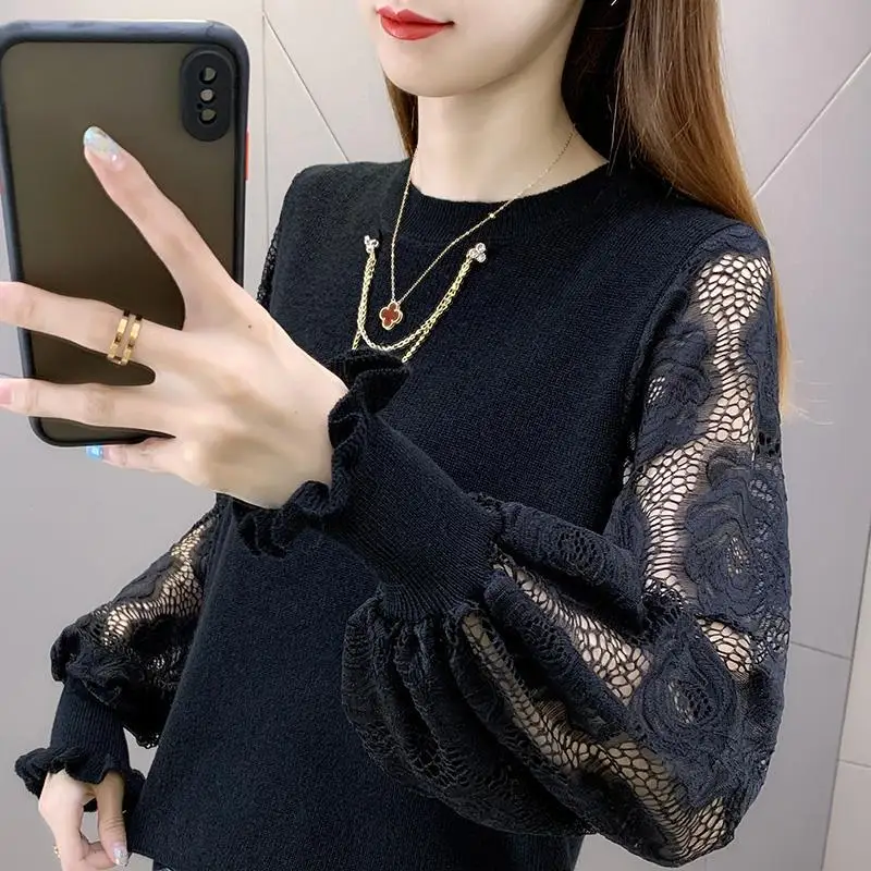 Spitze Spliced Mode Lange Hülse Lose Gestrickte Pullover Damen Pendler Dünne Jumper Herbst Elegante frauen Kleidung für 2022