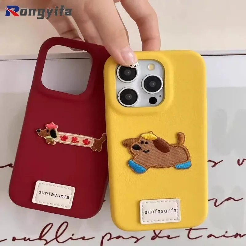 Korean Dachshund Leather Case For Vivo X200 Pro Mini X100 X100s X90 X90s X80 X70 X70T X60 X60T Cartoon Embroidered Puppy Cover