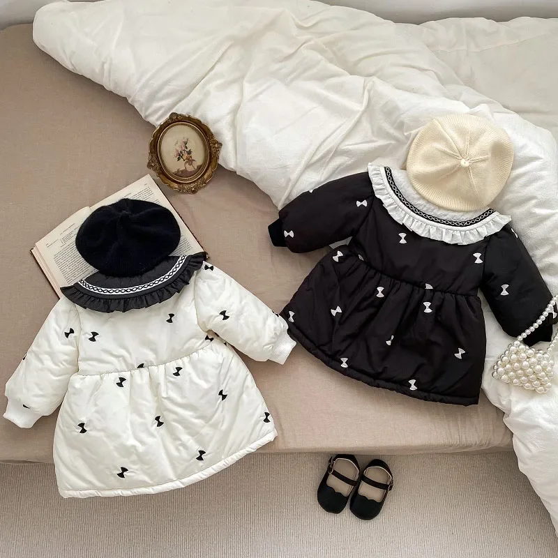 New Winter Baby Girl Down Coat 0-5Years Children Long Sleeve Peter Pan Collar Fleece Thicken Warm Cardigan Outerwear Clothes