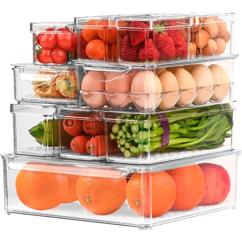 

12-pack Stackable Fridge Organizer with 5 liners, Refrigerator Organizer Bins with Lids, Plastic Fridge Organizers，Vegetable