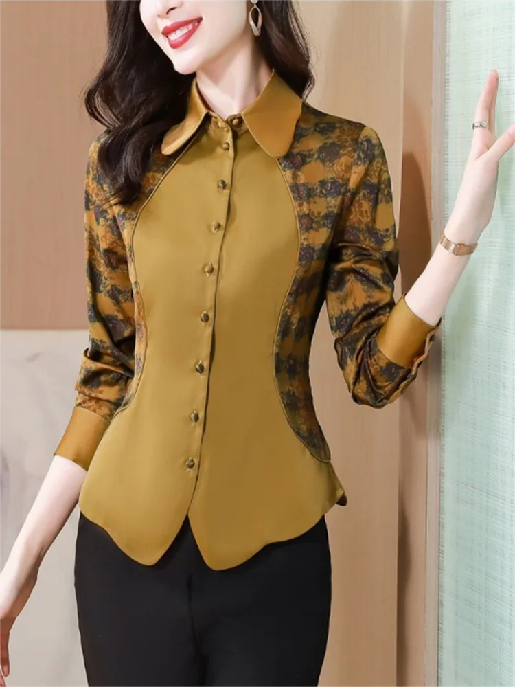 Slim Ladies Blouses Satin Shirt For Women Cardigan Blous Top Thin Bottom Shirt Woman Vintage Blouse Laple Button Up Female Shirs