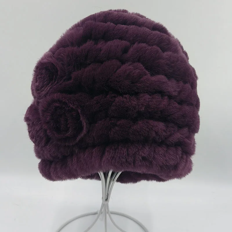 2026 Winter Genuine Real Natural Women's Knitted Rex Rabbit  Fur Hat Hand Made Knit Fashion Winter Headgear Fur Cap