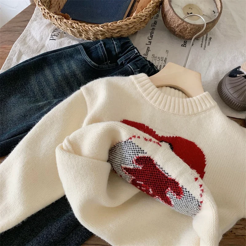 Boys Woolen Sweater Jacket Cotton Windbreak 2025 Red Plus Thicken Autumn Winter Outwear School Teenagers Warm Children's Clothin