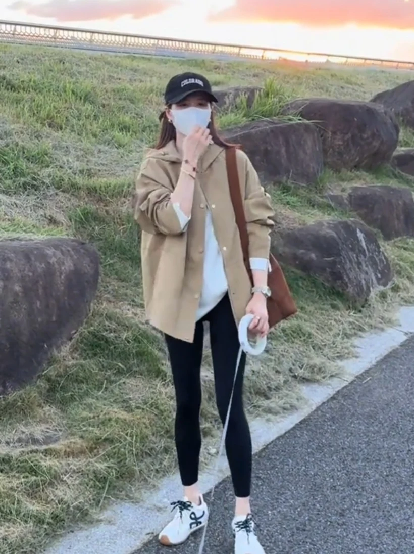 

Korean Faion Hooded Jaet Women's Loose Versatile Slimming Mid-Length Casual Top Commute Sle Long Sve Zipper Pure Color