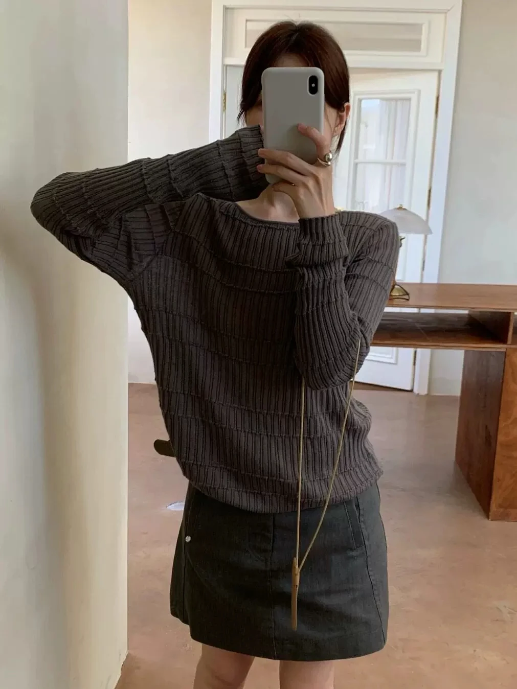 Casual Loose Long Sleeve round Neck Texture T-Shirt Thin Versatile Top for Early Autumn Comfortable Breathable Moisture Wicking