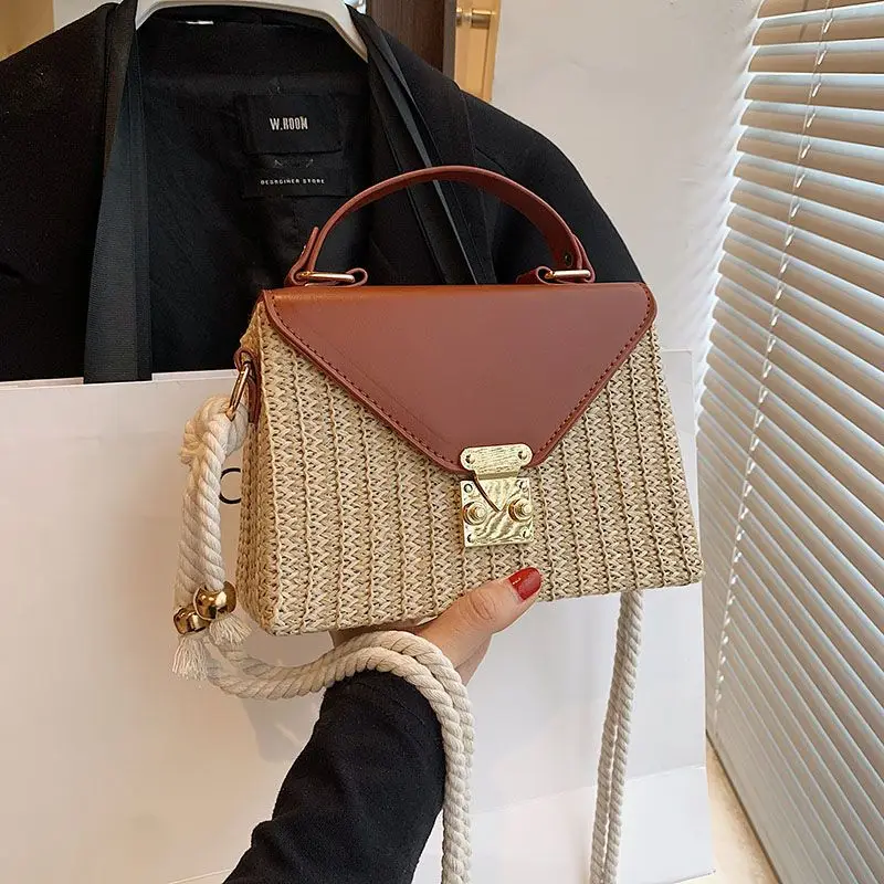 Woven bag women in 2024 fashionable and versatile patchwork contrasting colors carrying summer diagonal beach bag