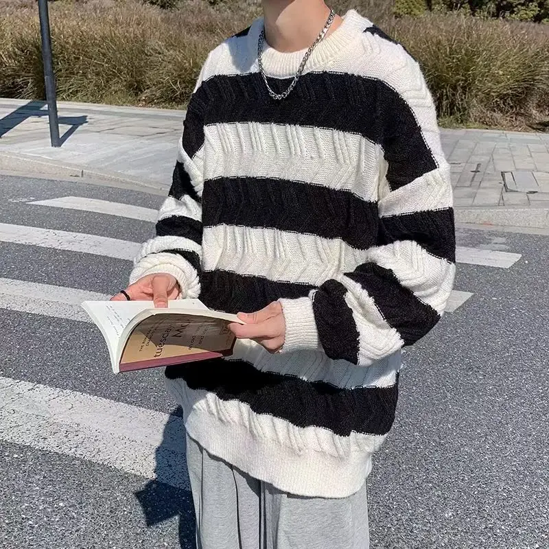 

Свободный мужской вязаный свитер, осень-зима, большой размер 35 кг, корейский полосатый повседневный свитер из пряжи для пар