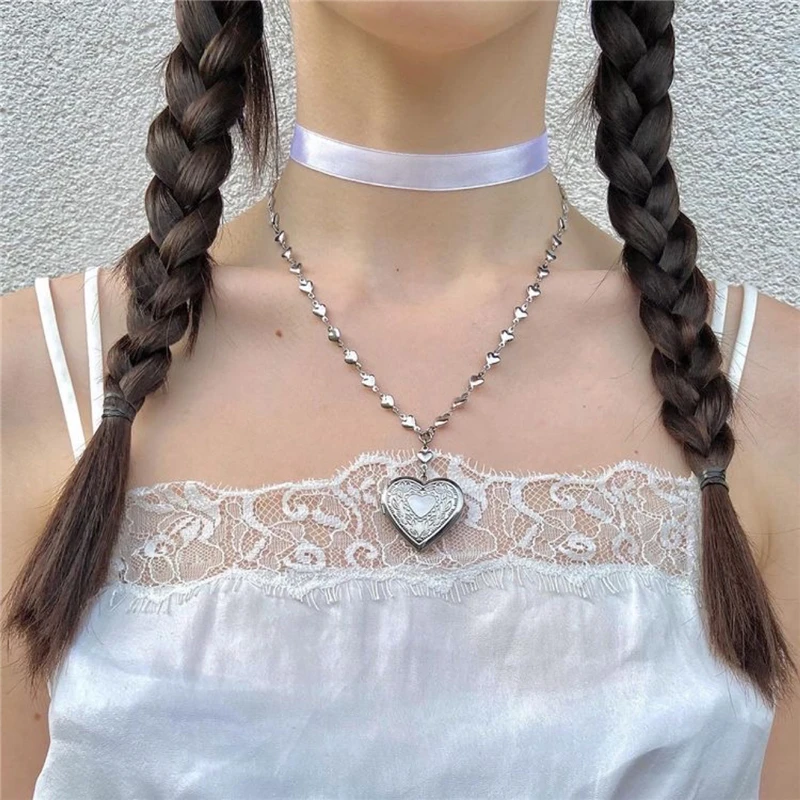 Kpop Goth Harajuku Aesthetic Bow Heart Pendant Pearl Necklace For Women Egirl Y2k 2000s EMO Vintage Punk Jewelry Accessories