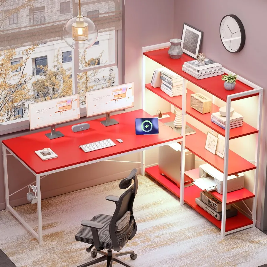 مكتب كمبيوتر على شكل حرف L مع أرفف تخزين جانبية قابلة للعكس، مكتب ألعاب مقاس 49 بوصة مع منافذ طاقة وأضواء LED للمكتب المنزلي #1