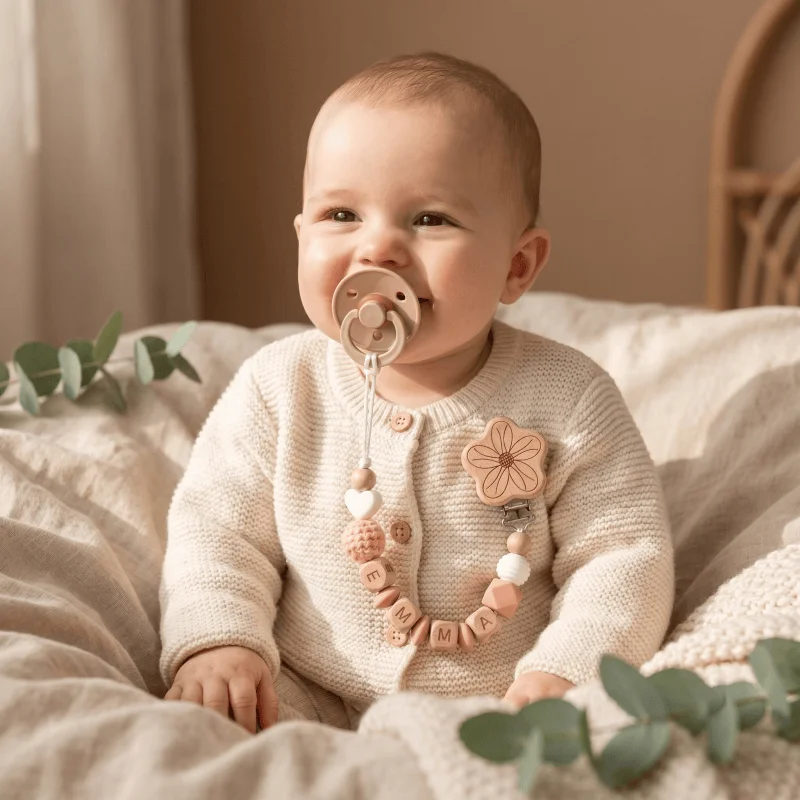 2026 Personalized Baby Pacifier Clip Custom Name Wooden Dummy Chain Silicone Teether Holder BPA Free Baby Shower Gift view 2