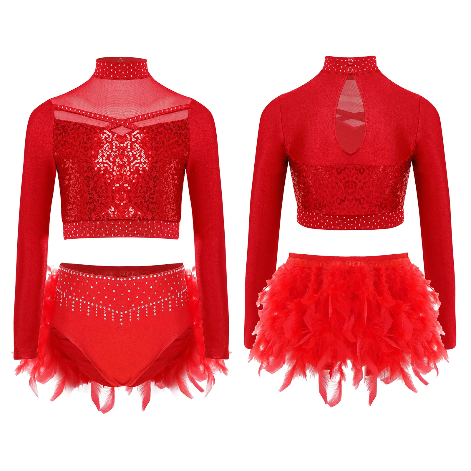Shiny Girls Rhythmic Gymnastics Jazz Dance Costume Sequin Crop Top Skirts Athletic Activewear Ballet Dance Performance Outfits
