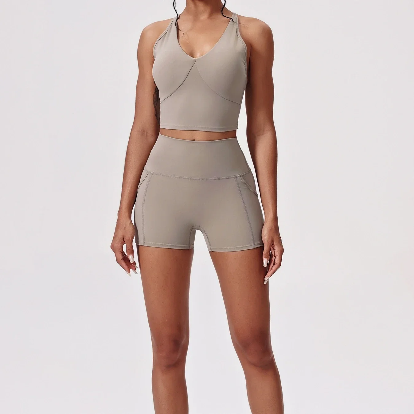 

Women Tracksuit Gym Yoga Set 2PCS Sports Set Sports Bra High Waist Double Pockets Shorts Workout Suit Running Gym Yoga Suit