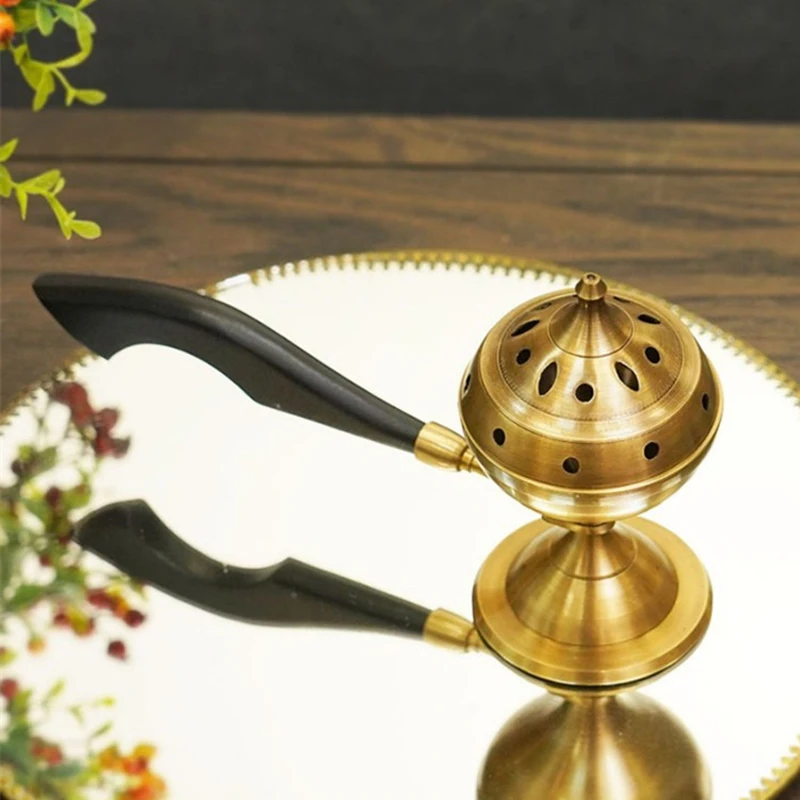 Brass Censer Solid Wood Handle Handheld Incense Holders Ornaments Copper Art Burners Home Neo-classical Tea Room Decor