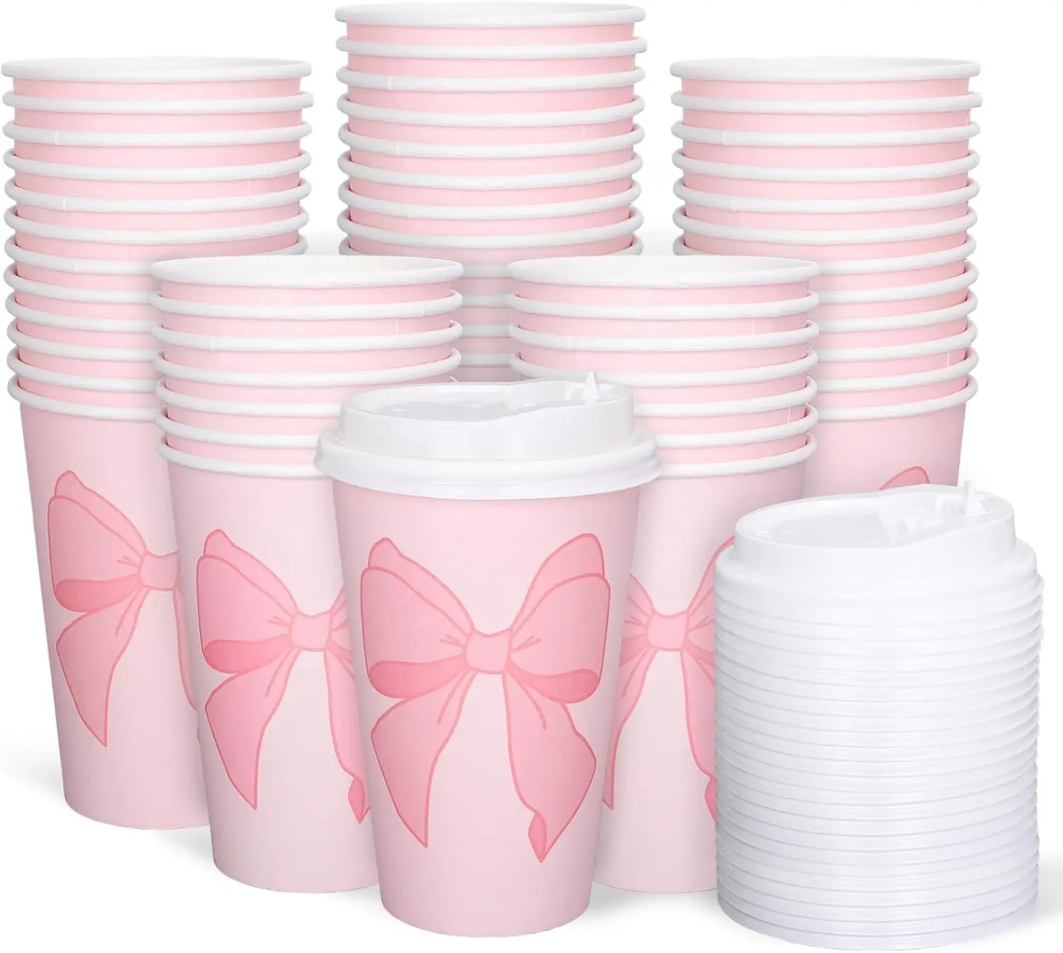 

50Pcs Pink Bow Coquette Coffee Paper Cups Valentine's Day Bowknot 16 Oz Disposable Cups With Lids For Hot Cold Drinks Bi