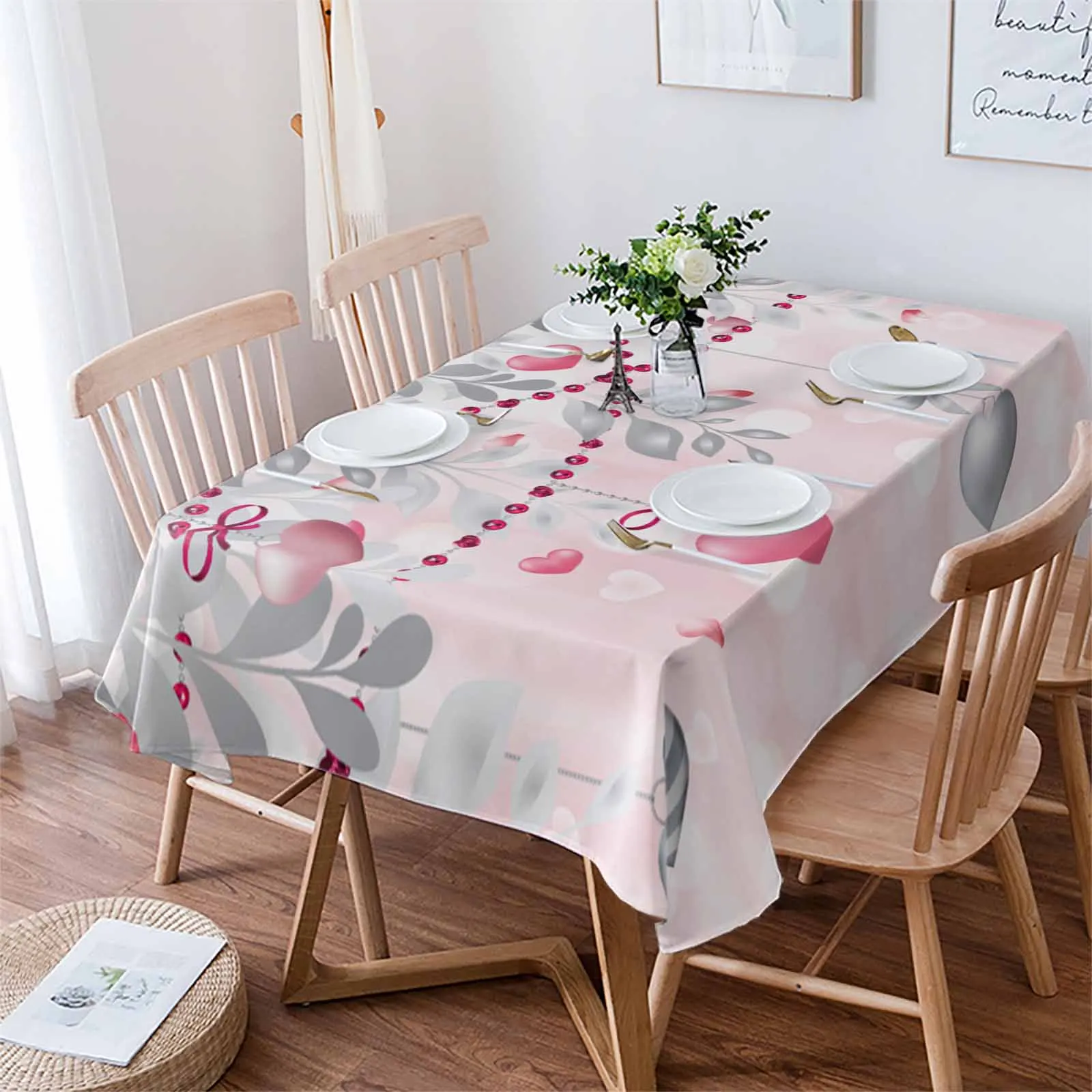 

Valentine'S Day Love Eucalyptus Leaves Rose Pink Table Cloth Waterproof Dining Tablecloth Kitchen Decorative Party Table Cover